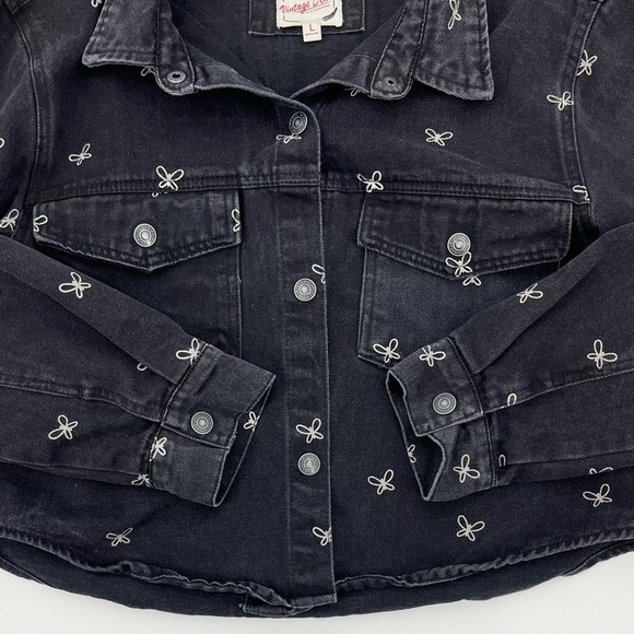Stoosh Vintage Denim Black Butterfly Print Cropped Jean Jacket Size Large - Picture 5 of 8